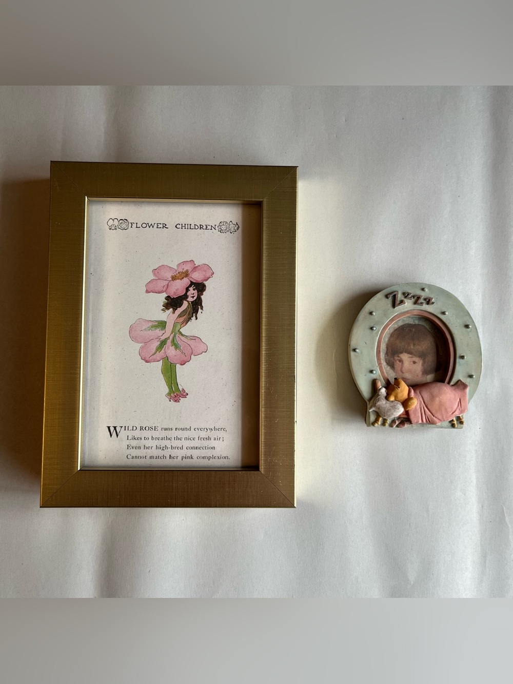 Vintage Gold Wood Resin Pooh Picture Photo Frames w/ Fine Art Prints-Set of 2